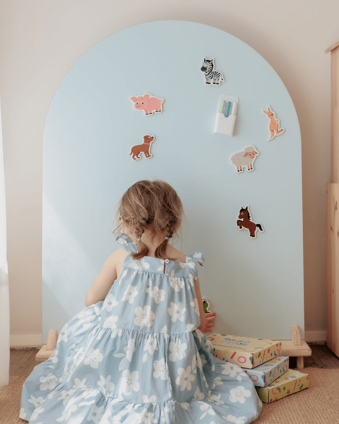 MagPlay Wall + Board + Stand Bundle in a playroom